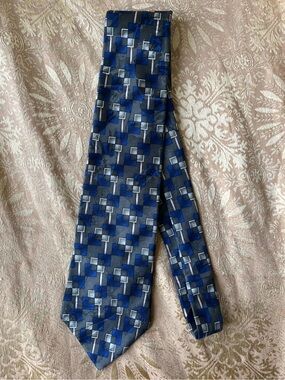Oleg Cassini Men's Silk Necktie - Grey Blue Black Geometric Square Block Pattern
